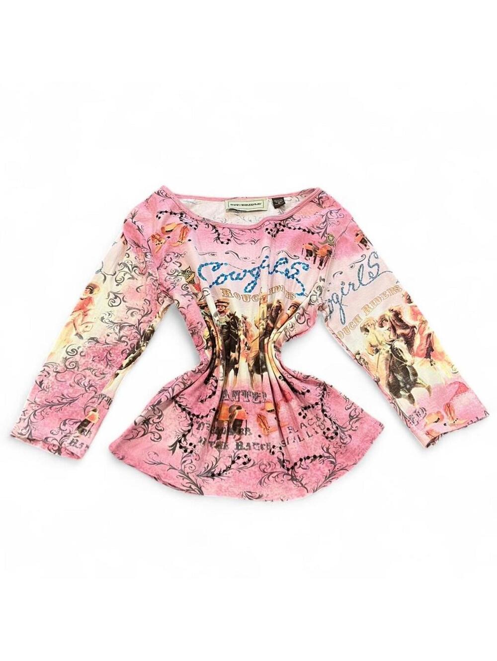 Vintage Y2K Cowgirl Graphic Pink Long Sleeve Top